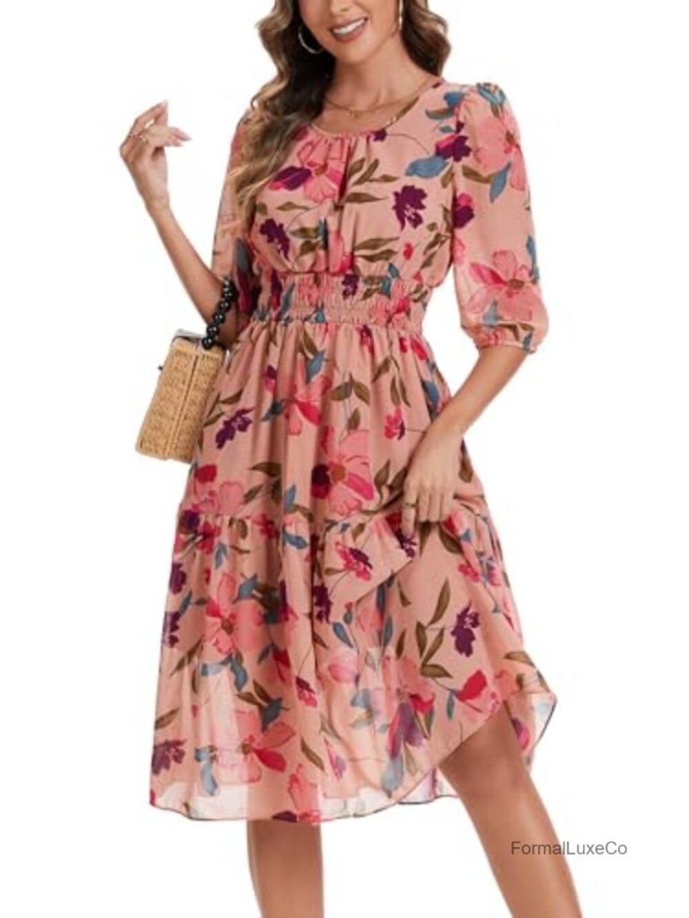 Women's Boho Floral Smocked Waist Tiered A-Line Midi Dress 3/4 Sleeve